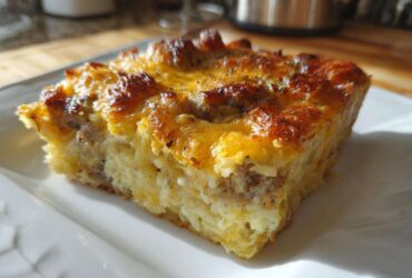 A close-up of a golden brown slice of tater tot breakfast casserole with melted cheese topping.