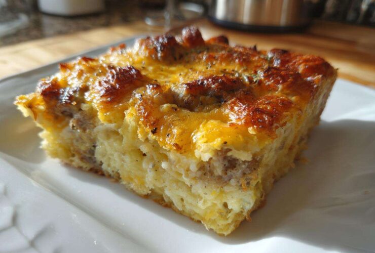 A close-up of a golden brown slice of tater tot breakfast casserole with melted cheese topping.