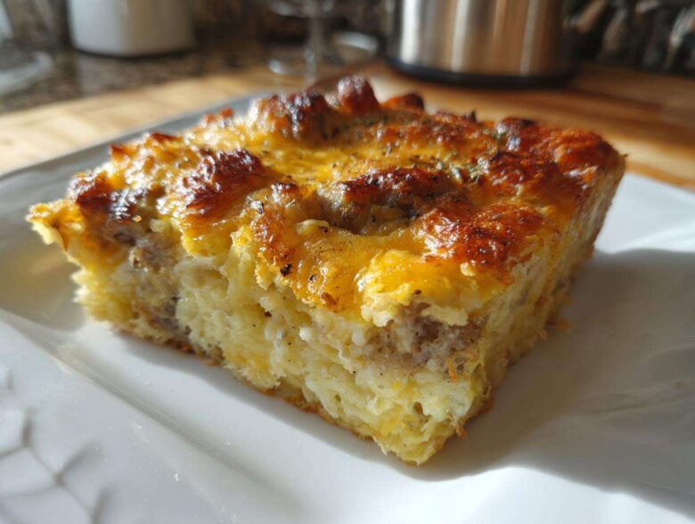 A close-up of a golden brown slice of tater tot breakfast casserole with melted cheese topping.