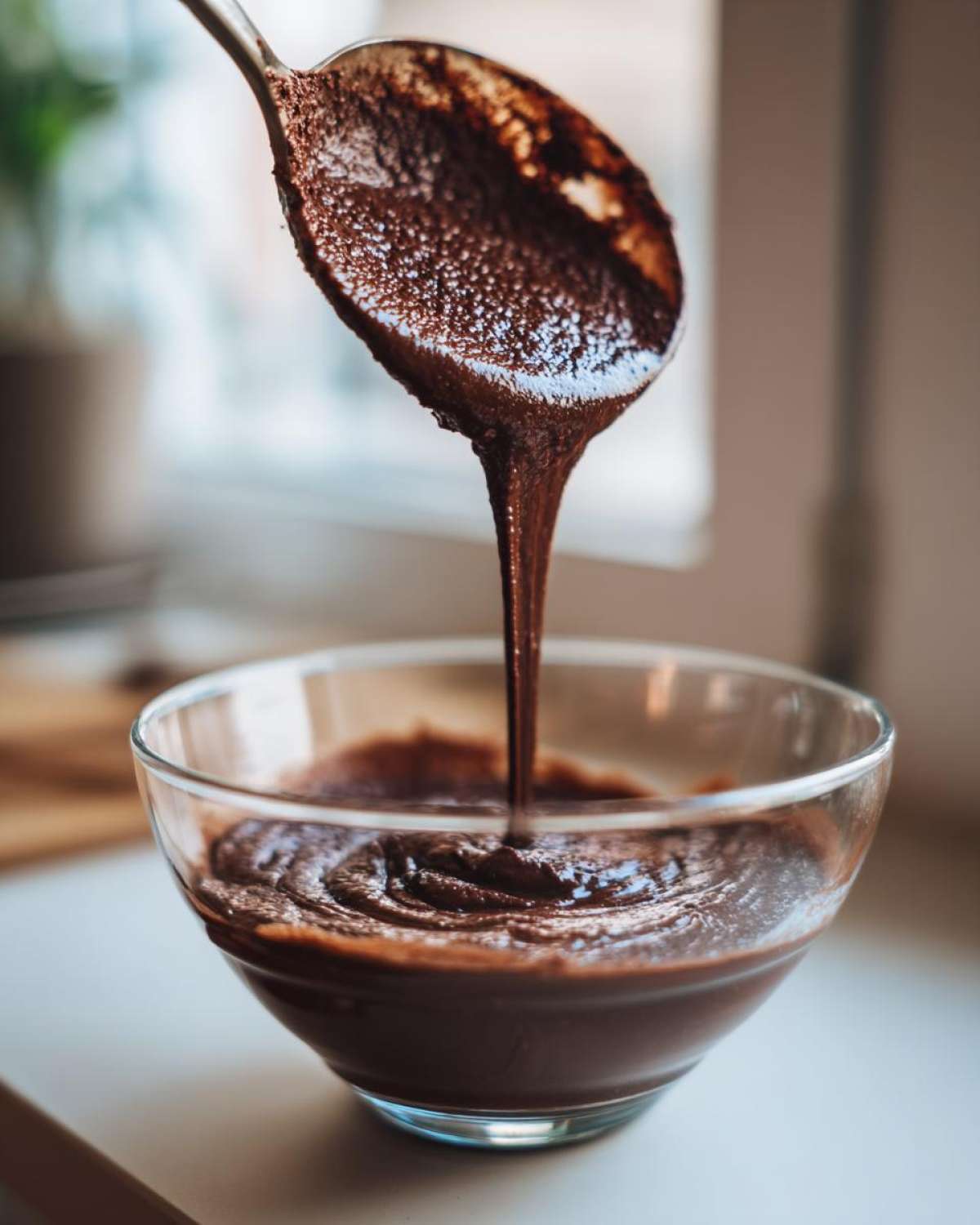 A spoonful of thick, rich homemade chocolate pudding drips back into a clear glass bowl.