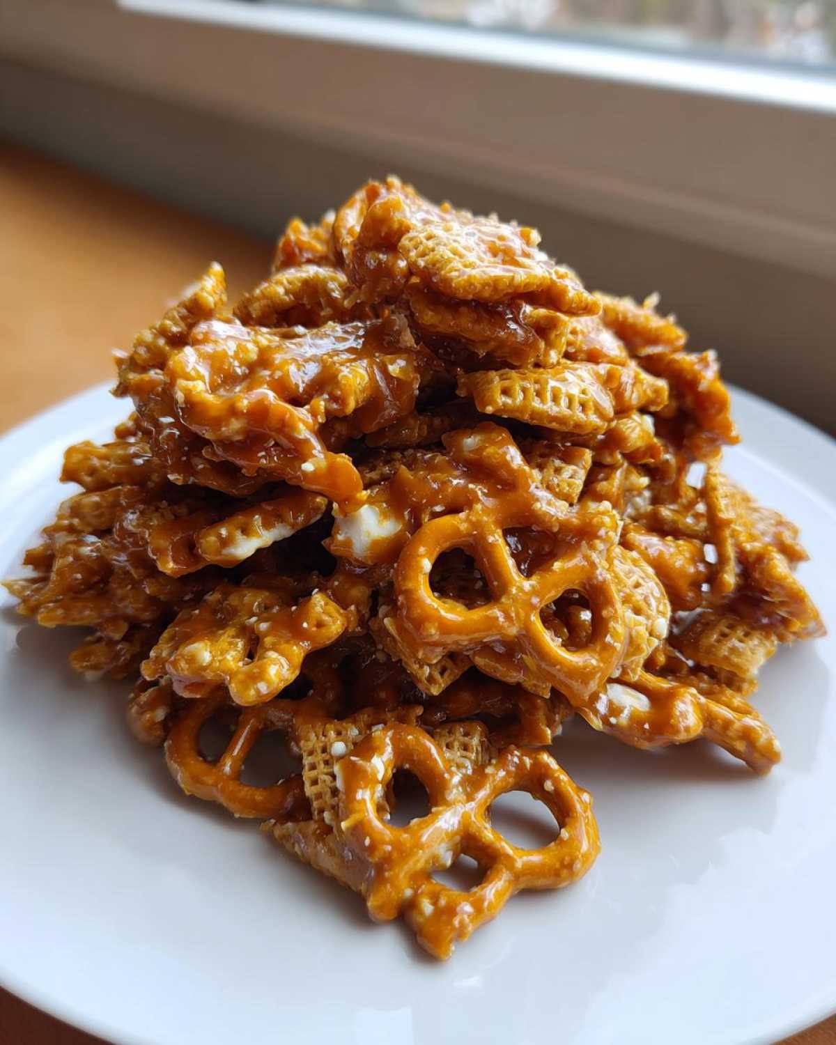 A mound of crunchy pretzels and Chex cereal coated in shiny, sticky toffee glaze for the toffee chex mix recipe.