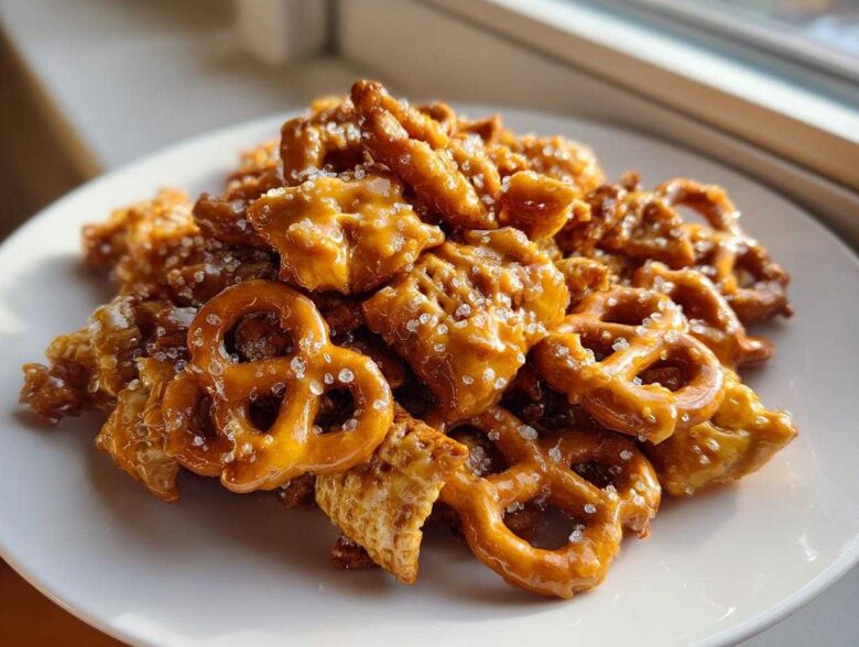 A pile of crunchy pretzels and cereal coated in shiny toffee glaze, sprinkled with coarse sugar, part of the toffee chex mix recipe.