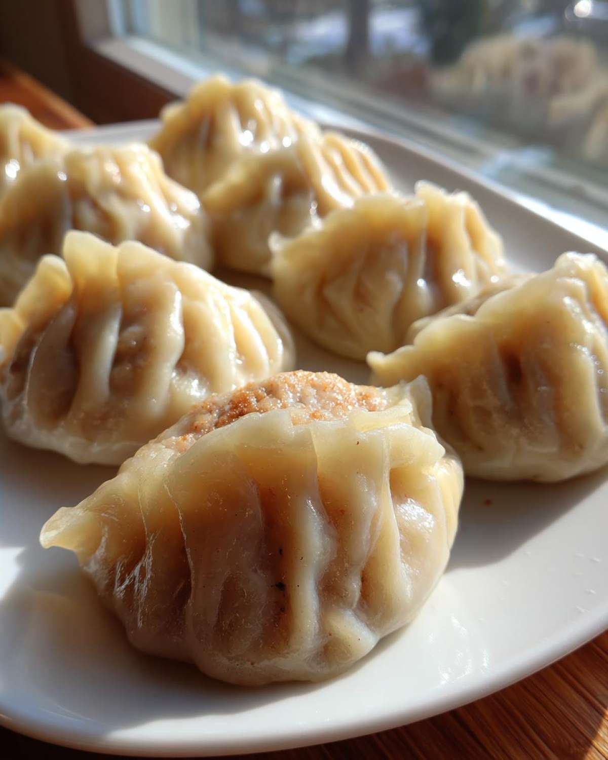 Close-up of several freshly steamed Traditional Chinese Dumplings arranged on a white plate near a window.