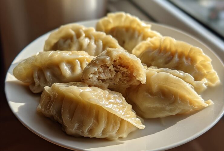 Close-up of several perfectly pleated Traditional Chinese Dumplings served on a white plate, one is broken open showing the filling.