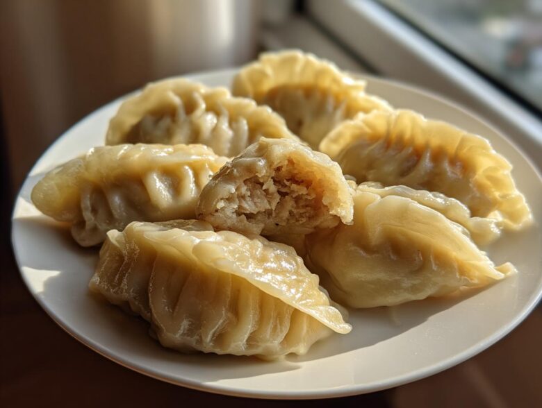Close-up of several perfectly pleated Traditional Chinese Dumplings served on a white plate, one is broken open showing the filling.