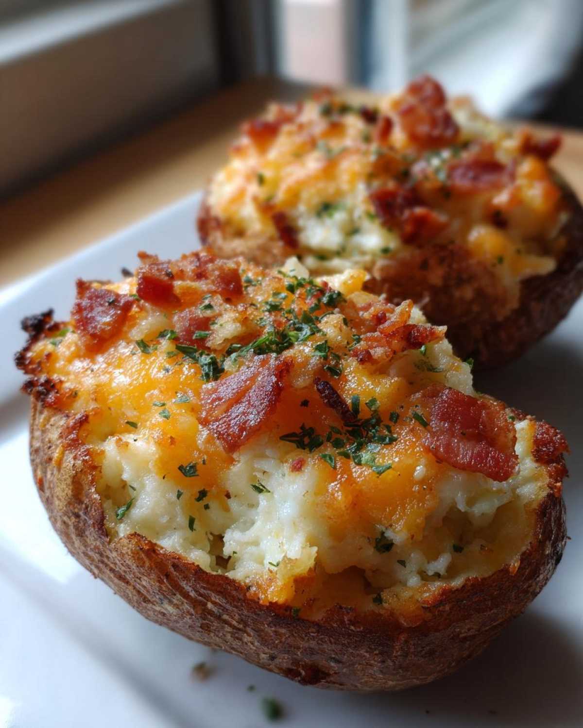 Close-up of a delicious twice baked potato, stuffed with creamy filling, melted cheddar cheese, and crispy bacon bits.