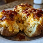Close-up of a delicious twice baked potato, stuffed with creamy filling, melted cheddar cheese, and topped with crispy bacon bits.