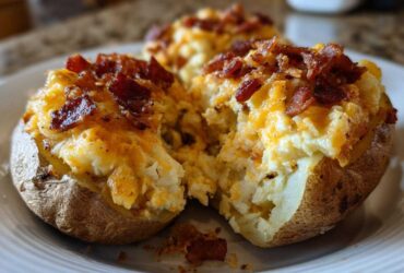 Close-up of a delicious twice baked potato, stuffed with creamy filling, melted cheddar cheese, and topped with crispy bacon bits.