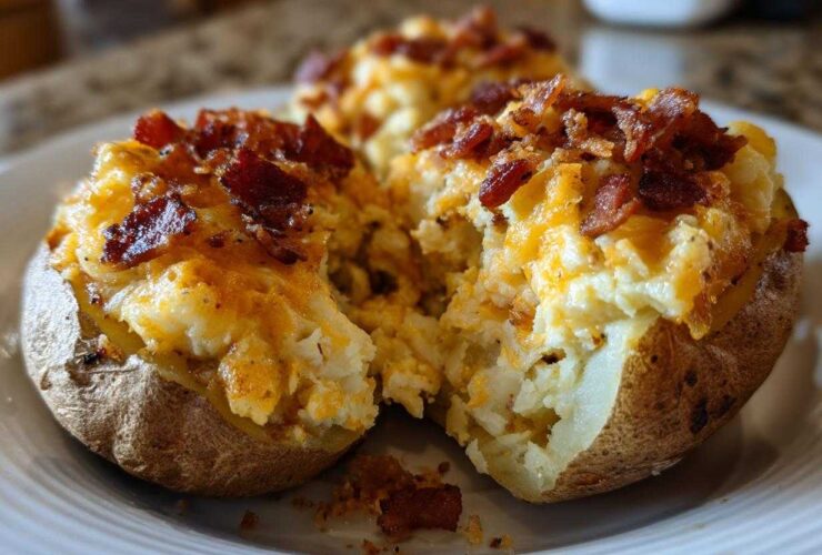 Close-up of a delicious twice baked potato, stuffed with creamy filling, melted cheddar cheese, and topped with crispy bacon bits.