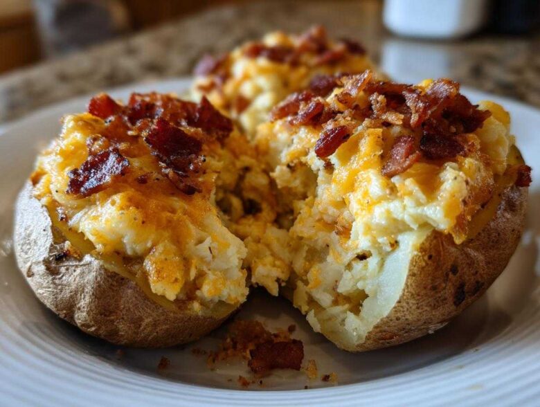 Close-up of a delicious twice baked potato, stuffed with creamy filling, melted cheddar cheese, and topped with crispy bacon bits.