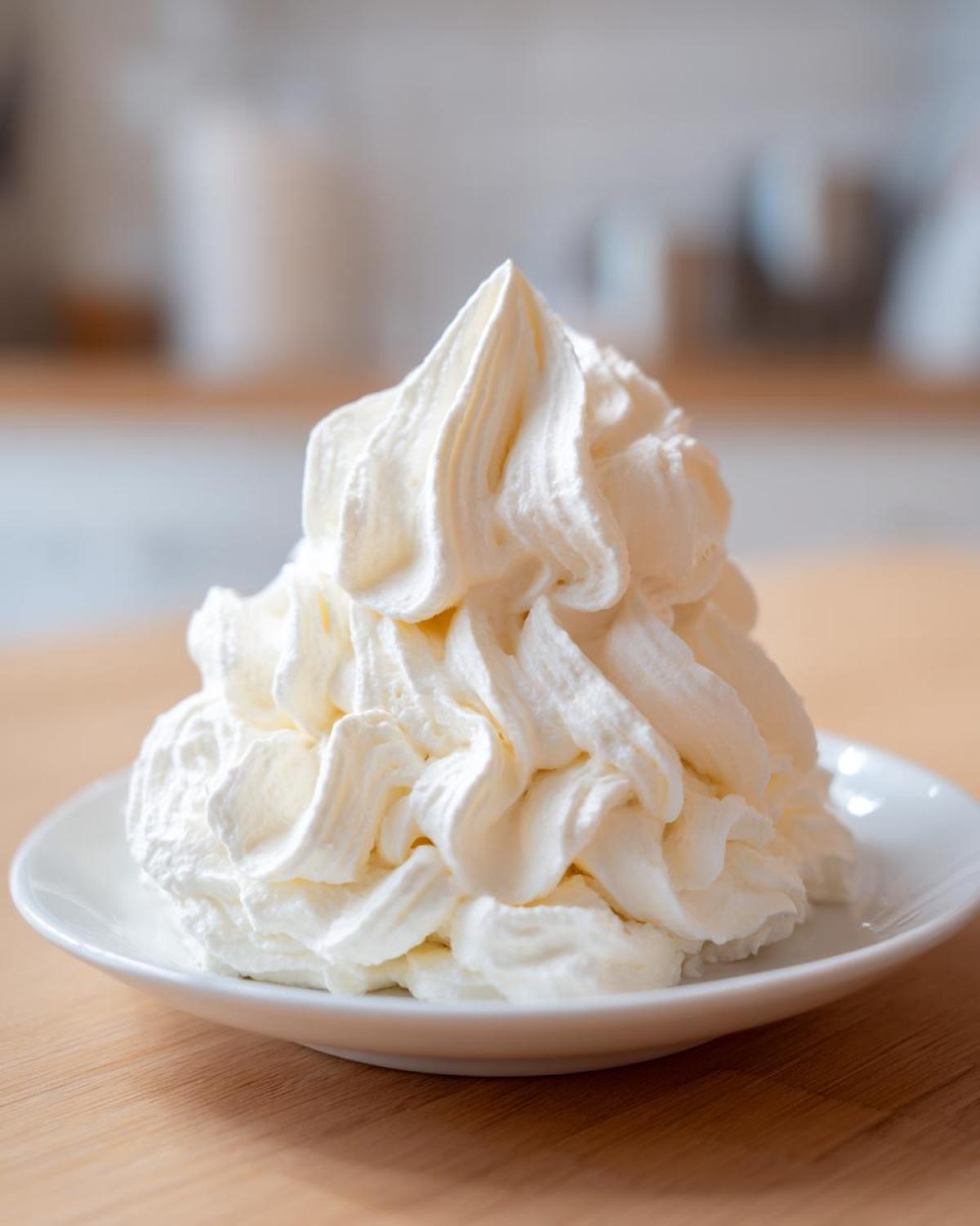 A tall, beautifully piped swirl of creamy vanilla buttercream frosting sitting on a small white plate.