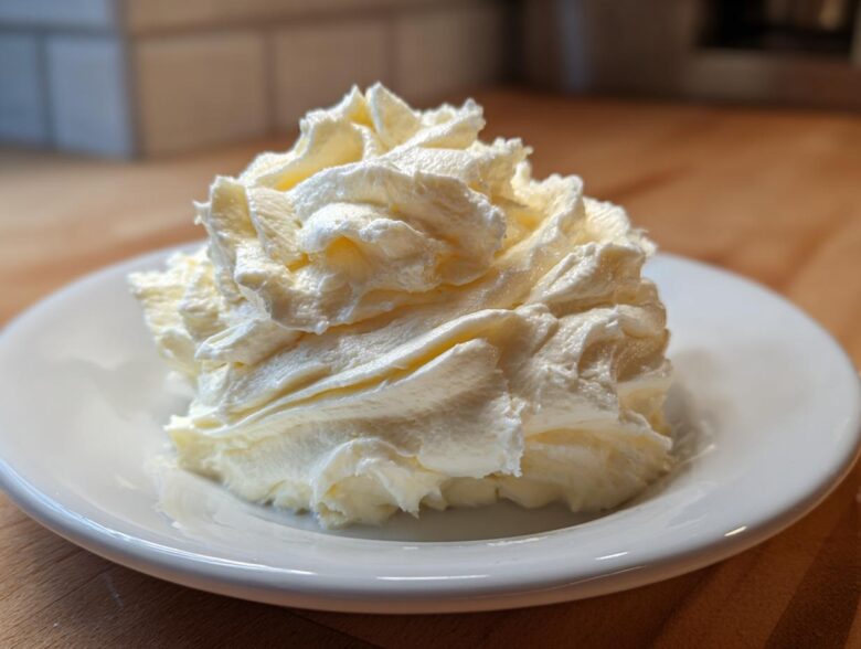 A perfect swirl of light yellow vanilla buttercream frosting piped onto a small white saucer.