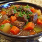 Close-up of a rich, dark bowl filled with vegetable beef soup, featuring large chunks of beef, carrots, potatoes, and celery, topped with parsley.