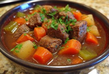 Close-up of a rich, dark bowl filled with vegetable beef soup, featuring large chunks of beef, carrots, potatoes, and celery, topped with parsley.