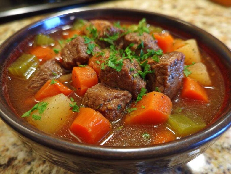 Close-up of a rich, dark bowl filled with vegetable beef soup, featuring large chunks of beef, carrots, potatoes, and celery, topped with parsley.