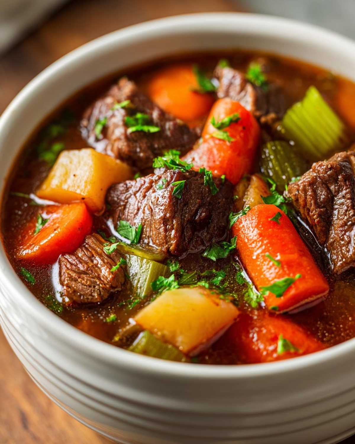 Close-up of a steaming bowl of rich vegetable beef soup filled with tender beef chunks, bright carrots, potatoes, and celery.