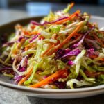 Close-up of a vibrant, freshly tossed cabbage salad featuring shredded green cabbage, red cabbage, and carrots.