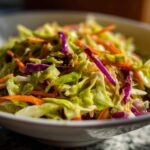 Close-up of a vibrant, freshly dressed cabbage salad featuring shredded green and purple cabbage and carrots.