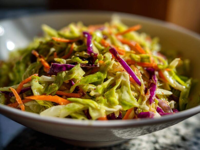 Close-up of a vibrant, freshly dressed cabbage salad featuring shredded green and purple cabbage and carrots.