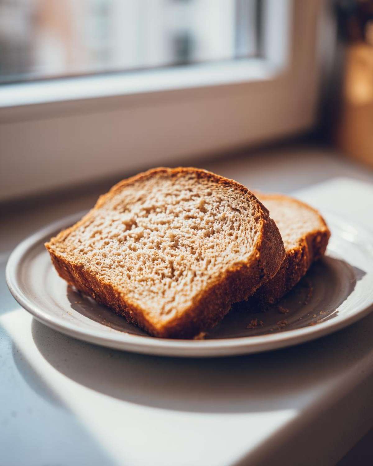 Two slices of freshly baked whole wheat bread resting on a small plate near a sunlit window.