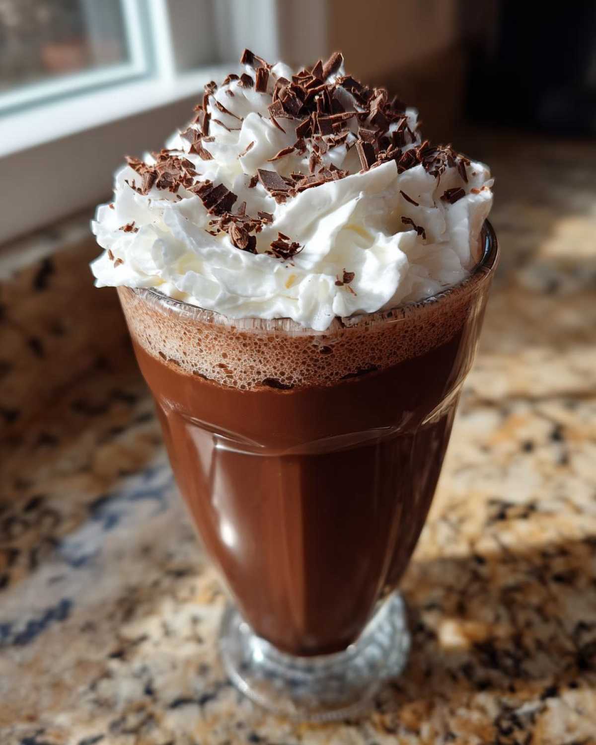 A tall glass of rich, dark frozen hot chocolate topped high with whipped cream and chocolate shavings.