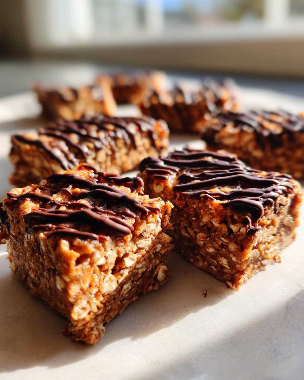 Close-up of homemade, chewy protein bars made with oats and drizzled generously with dark chocolate.