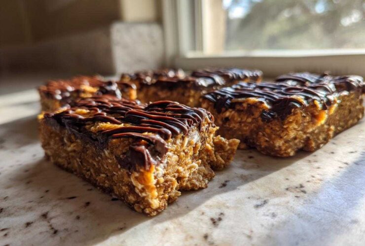Four homemade protein bars topped with melted chocolate drizzle sitting on a marble counter near a window.