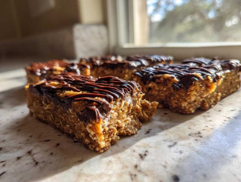 Four homemade protein bars topped with melted chocolate drizzle sitting on a marble counter near a window.