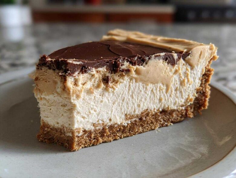 A thick slice of creamy peanut butter pie showing graham cracker crust, light filling, peanut butter layer, and chocolate ganache topping.