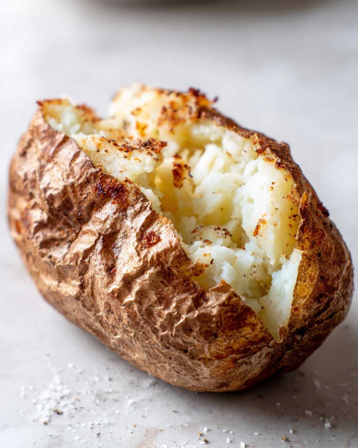 Close-up of a fluffy, seasoned air fryer baked potato split open to show the soft interior.