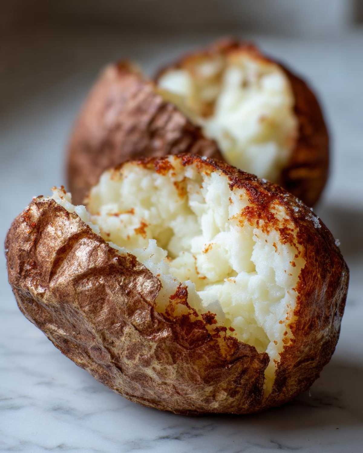 Close-up of a perfectly cooked air fryer baked potato split open, revealing fluffy white interior and crispy, seasoned skin.