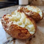Close-up of a perfectly cooked air fryer baked potato, split open to show fluffy interior and seasoned skin.