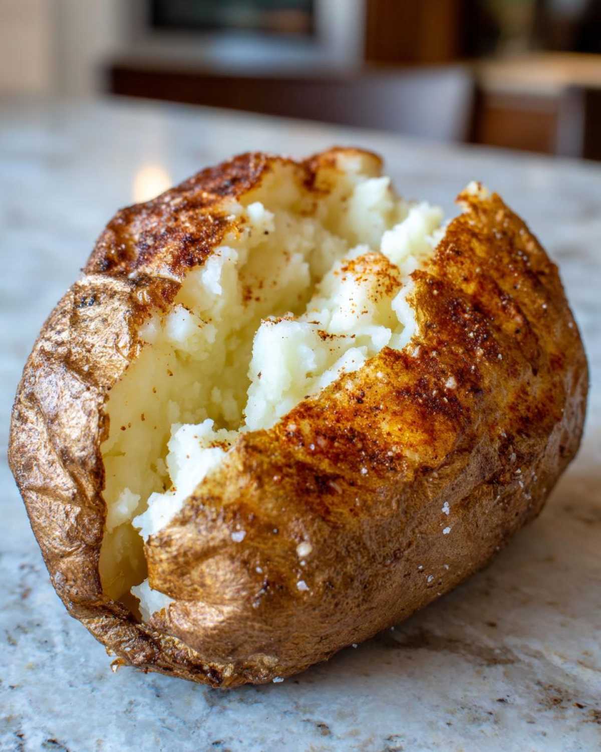 Close-up of a perfectly cooked air fryer baked potato, split open to show fluffy interior and seasoned, crispy skin.