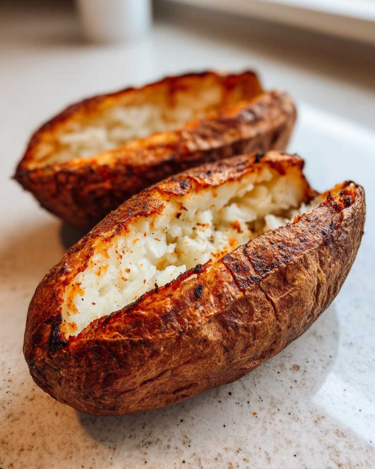 Two halves of a perfectly cooked air fryer baked potato showing fluffy interior and crispy, seasoned skin.