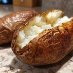 Close-up of a perfectly cooked air fryer baked potato, split open to show the fluffy white interior.