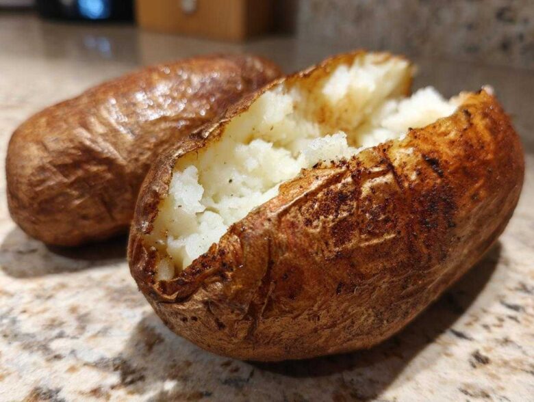 Close-up of a perfectly cooked air fryer baked potato, split open to show the fluffy white interior.