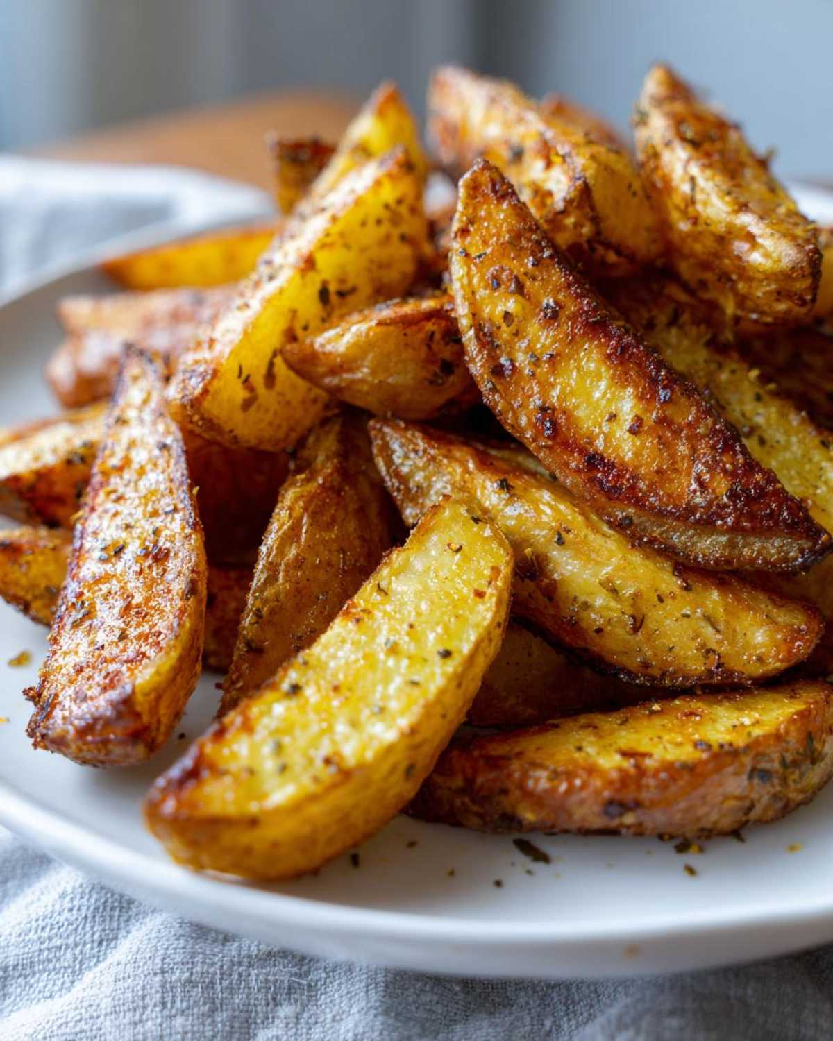 Close-up of a pile of golden brown, seasoned air fryer potato wedges served on a white plate.