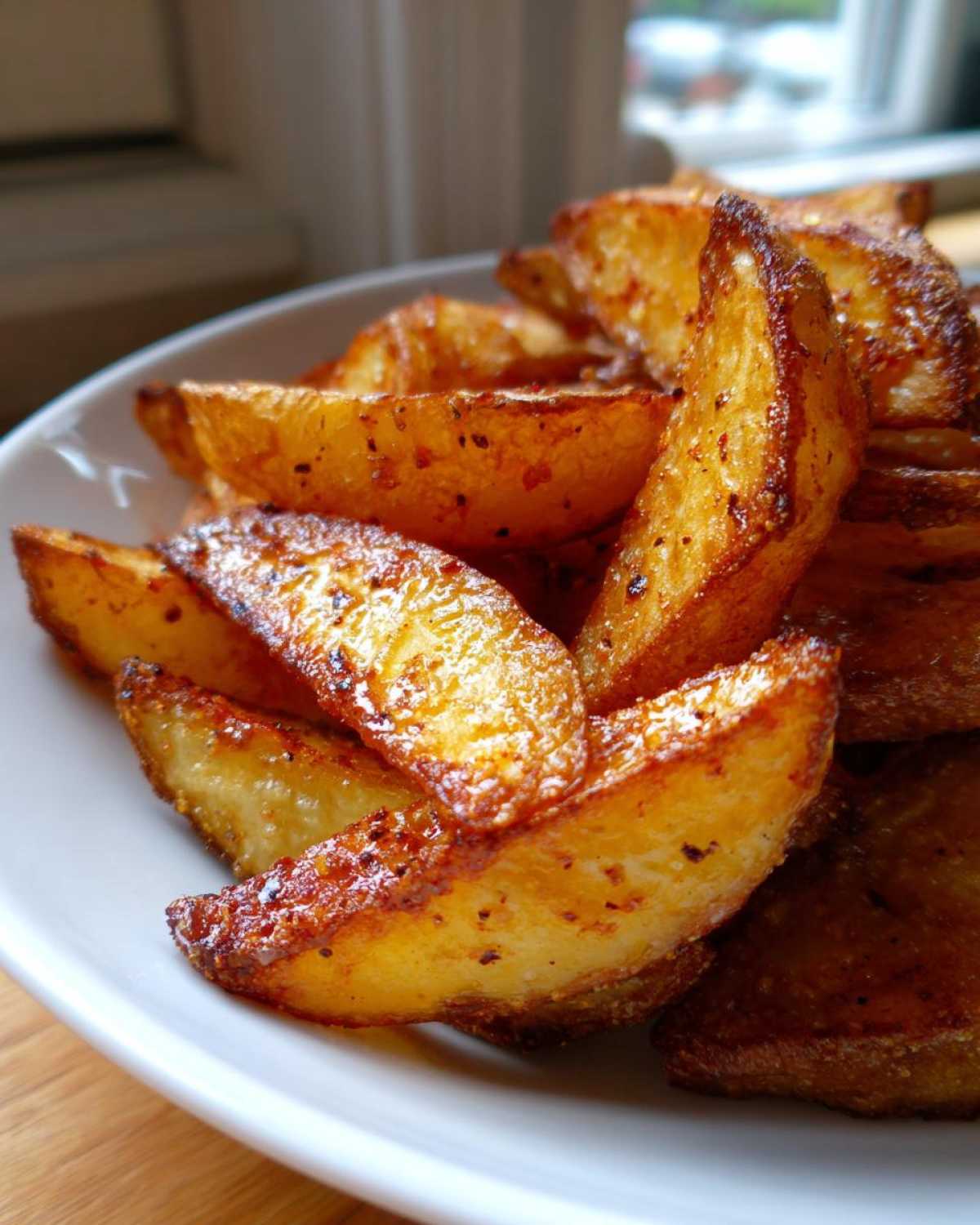 Close-up of golden brown, seasoned air fryer potato wedges piled high in a white bowl.