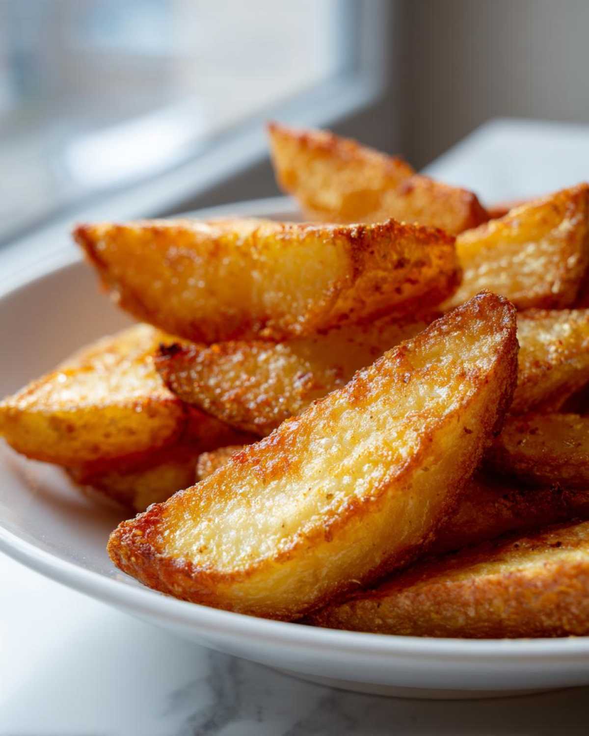 Close-up of golden brown, crispy air fryer potato wedges piled high in a white bowl.