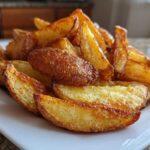 A close-up of golden brown, crispy air fryer potato wedges piled high on a white rectangular plate.