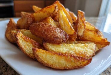 A close-up of golden brown, crispy air fryer potato wedges piled high on a white rectangular plate.