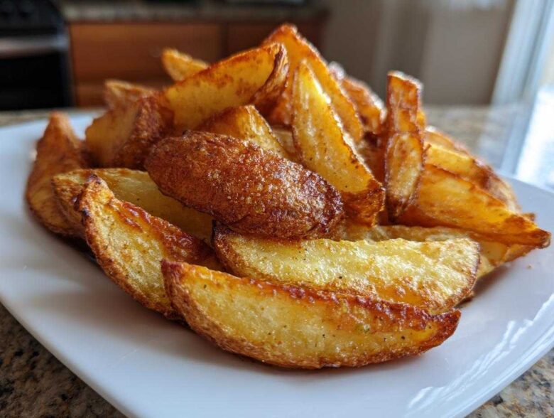 A close-up of golden brown, crispy air fryer potato wedges piled high on a white rectangular plate.