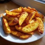 A close-up of a white plate piled high with golden brown, crispy air fryer potato wedges seasoned with spices.