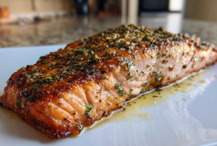 A close-up of a beautifully cooked fillet of air fryer salmon, glistening with butter and topped with minced garlic and herbs.