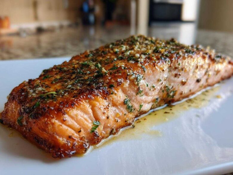 A close-up of a beautifully cooked fillet of air fryer salmon, glistening with butter and topped with minced garlic and herbs.