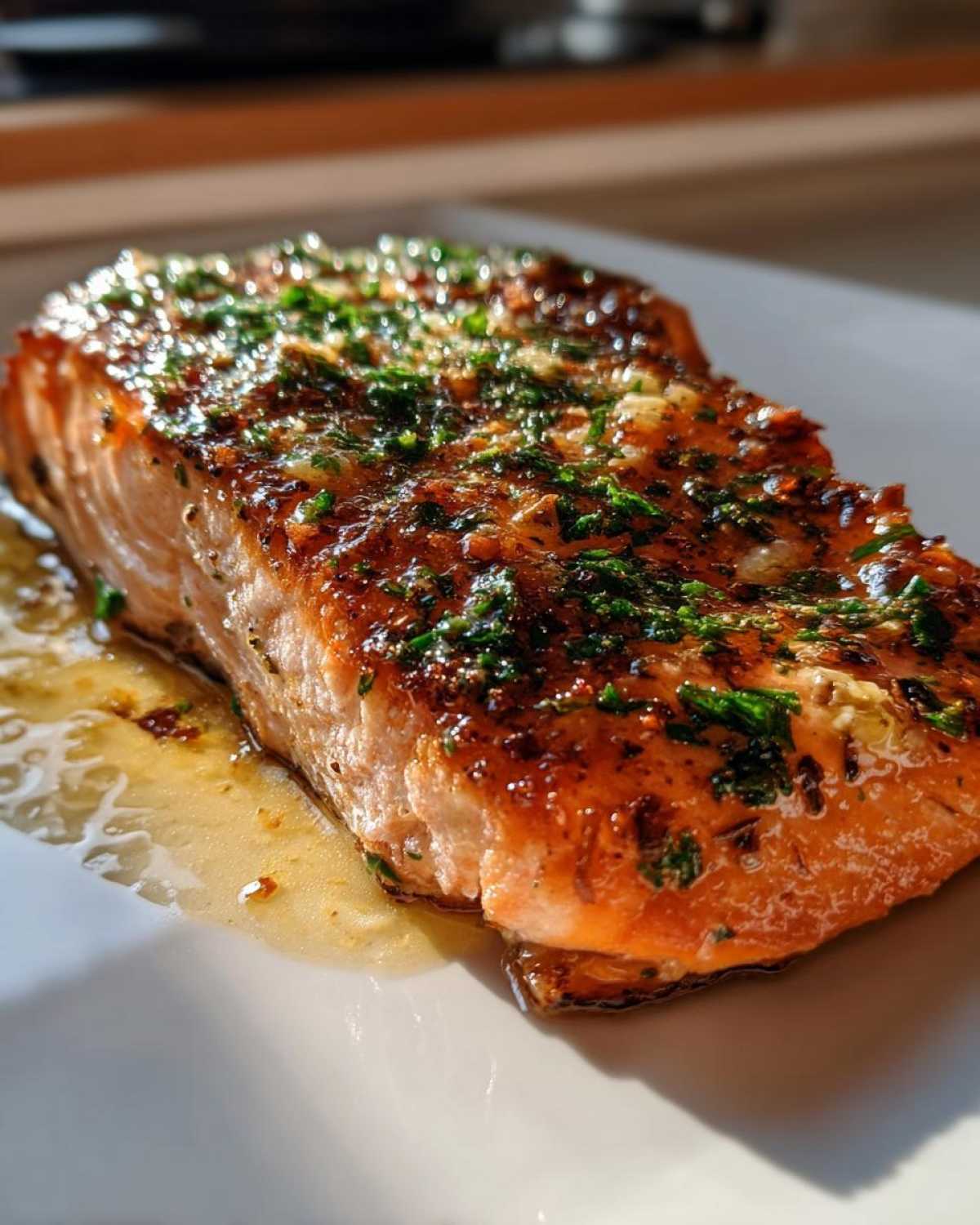 Close-up of a perfectly cooked air fryer salmon fillet, glistening with butter sauce and topped with fresh green herbs.
