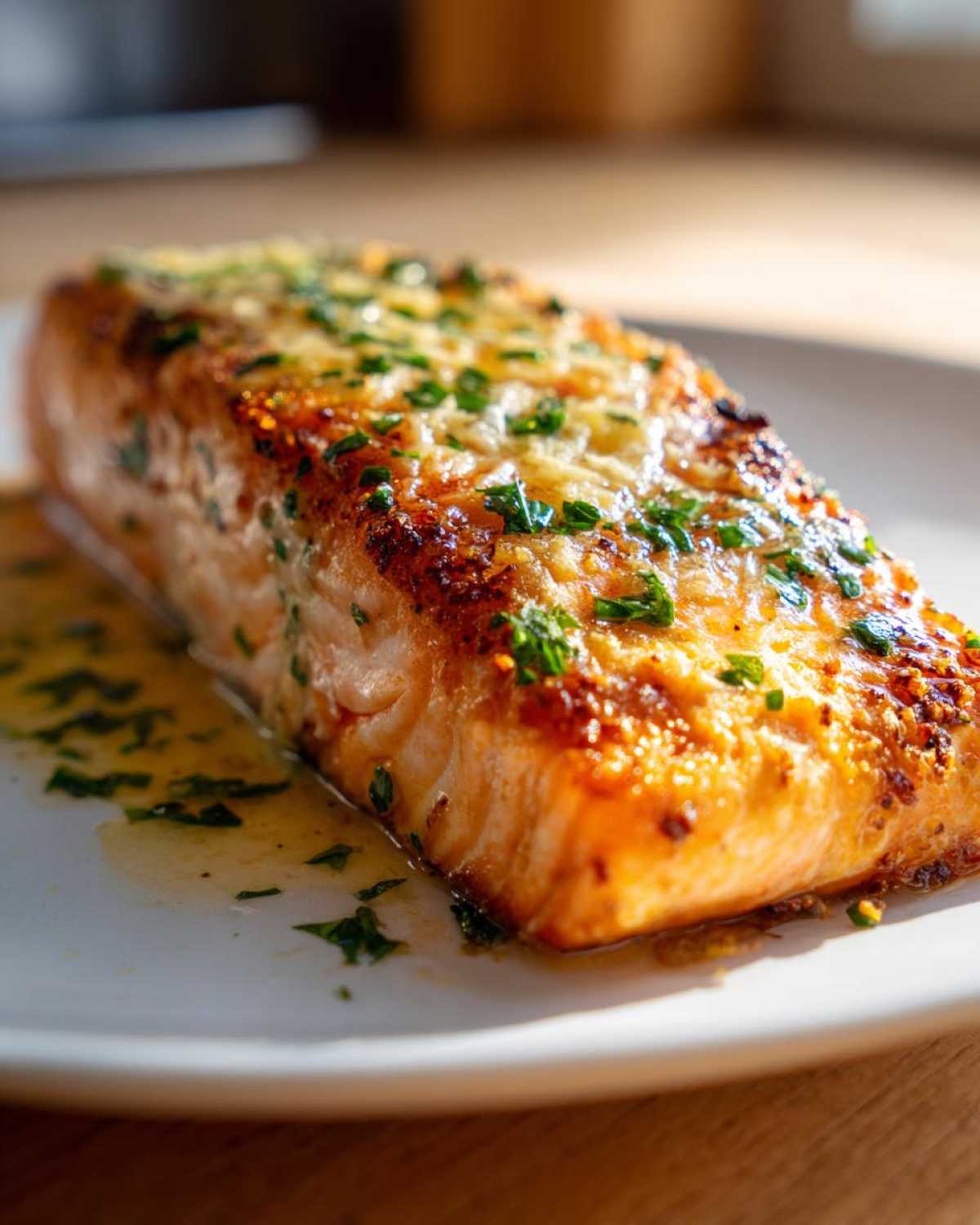 Close-up of a golden-brown, juicy air fryer salmon fillet topped with melted butter and fresh parsley.