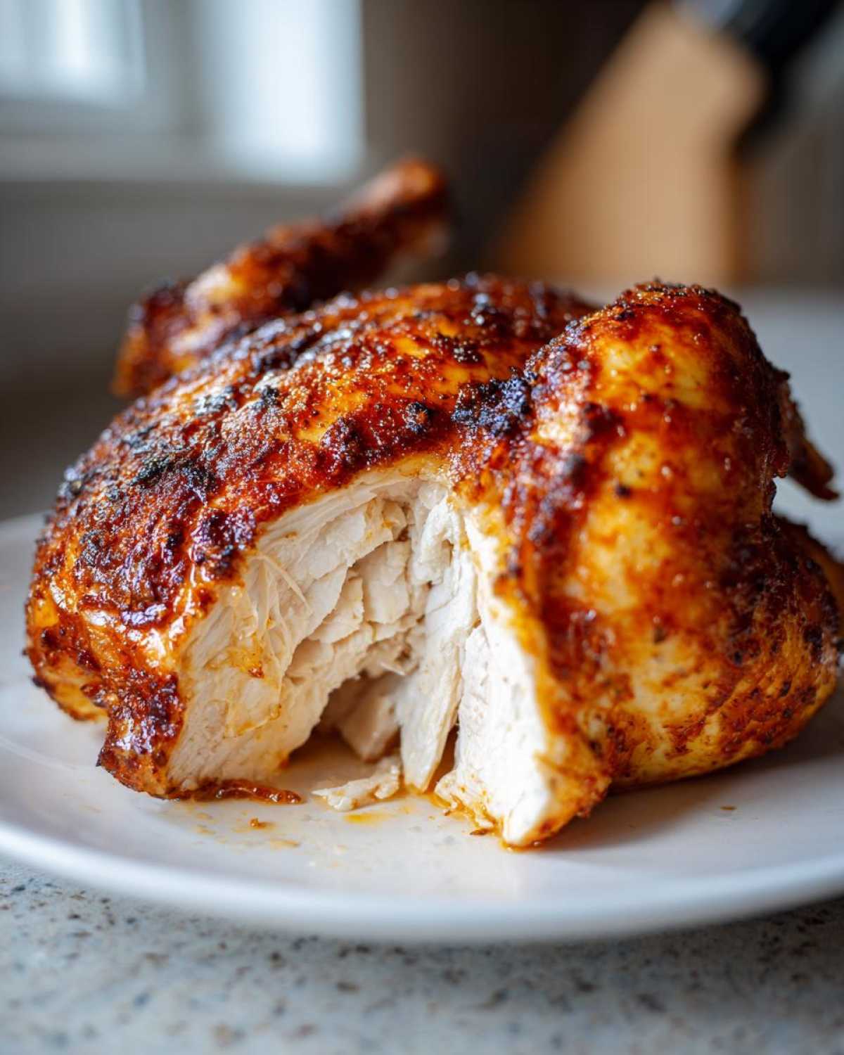 Close-up of a perfectly cooked air fryer whole chicken, sliced open to show juicy white meat and crispy, seasoned skin.