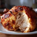 A perfectly cooked air fryer whole chicken with deeply browned, crispy skin and juicy white meat exposed.