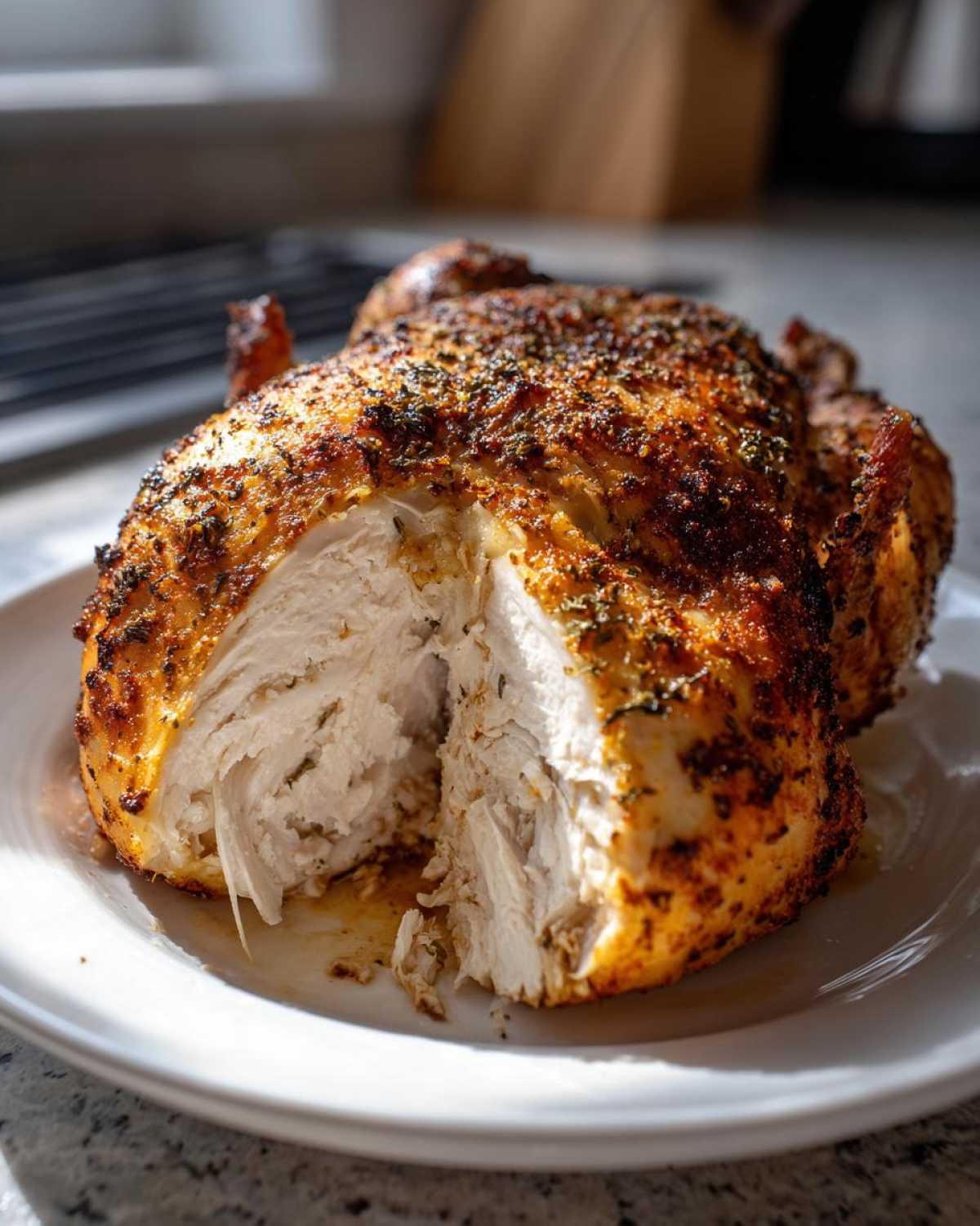 Close-up of a perfectly cooked air fryer whole chicken, cut to show the moist white meat inside.